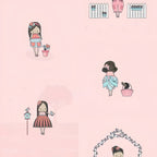 Illustrated girls flowers birdhouse puppy basket blush pink background novelty fabric for children's quilts girls dresses nursery décor