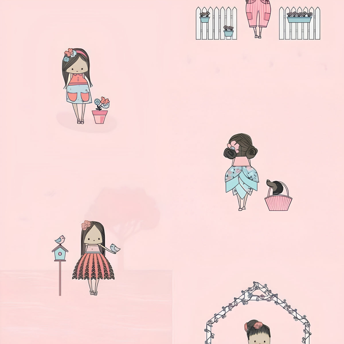 Illustrated girls flowers birdhouse puppy basket blush pink background novelty fabric for children's quilts girls dresses nursery décor