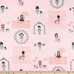 Pink quilting cotton with a cartoon girl, butterflies, and garden scenes
