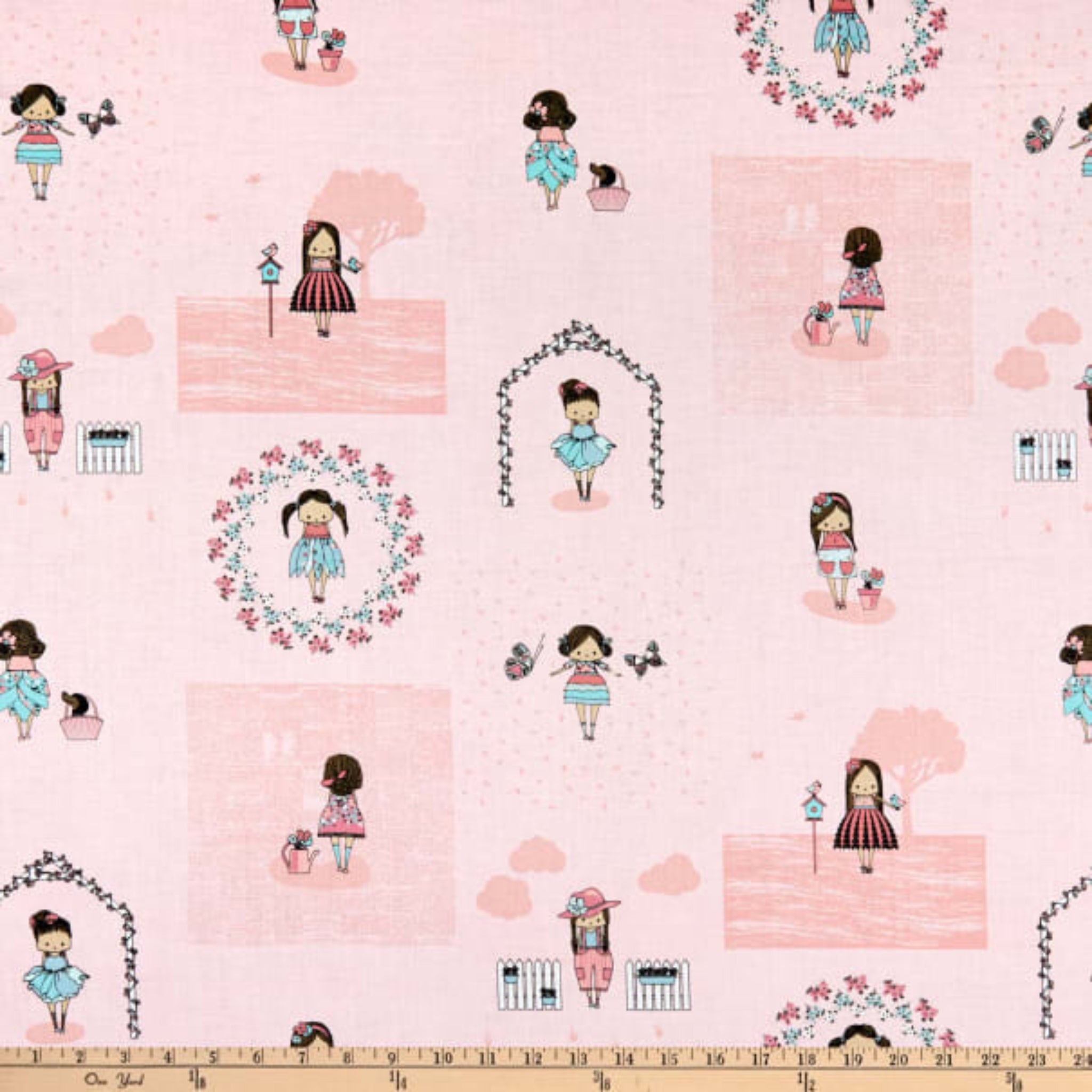 Pink quilting cotton with a cartoon girl, butterflies, and garden scenes