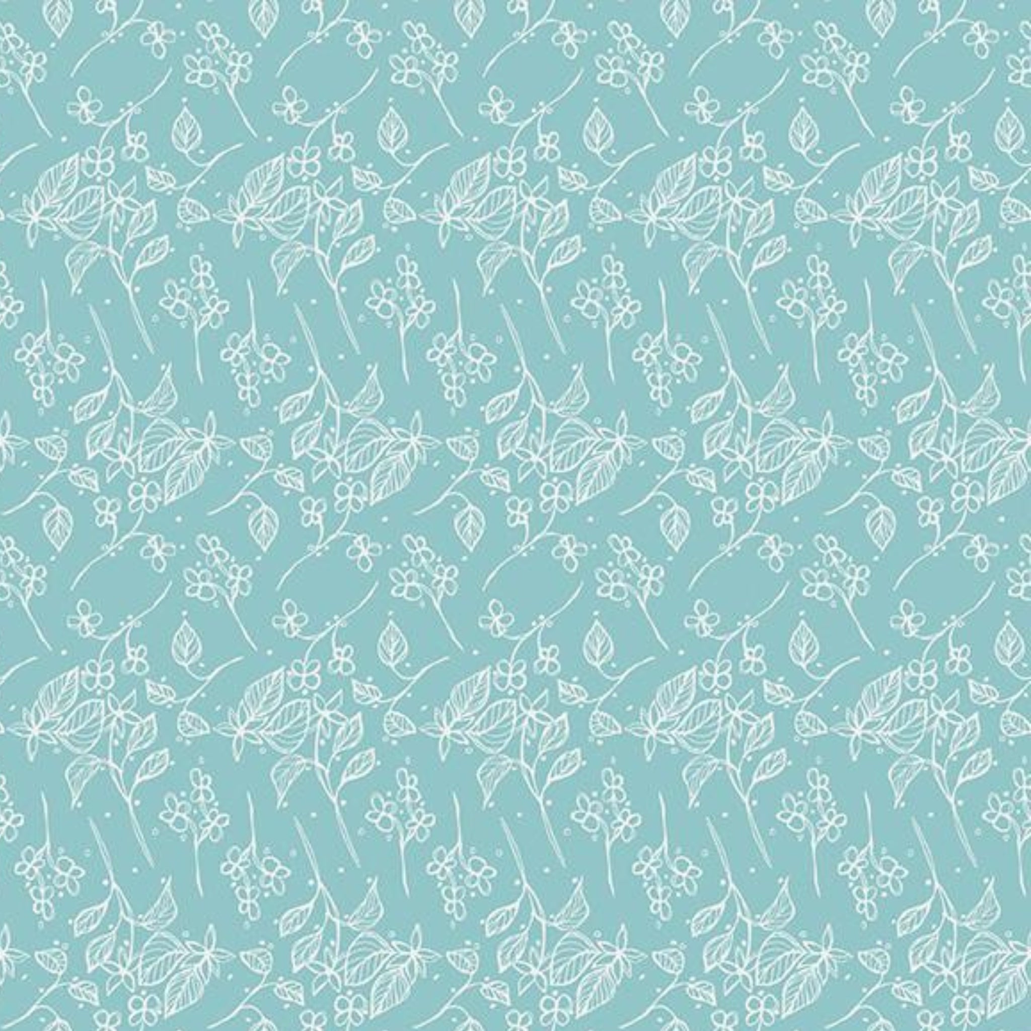 Aqua quilting cotton with a delicate white pattern of floral stems and berries