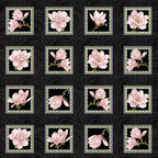 Closeup of a quilting panel with 24 blocks of blush pink magnolias framed on a black background
