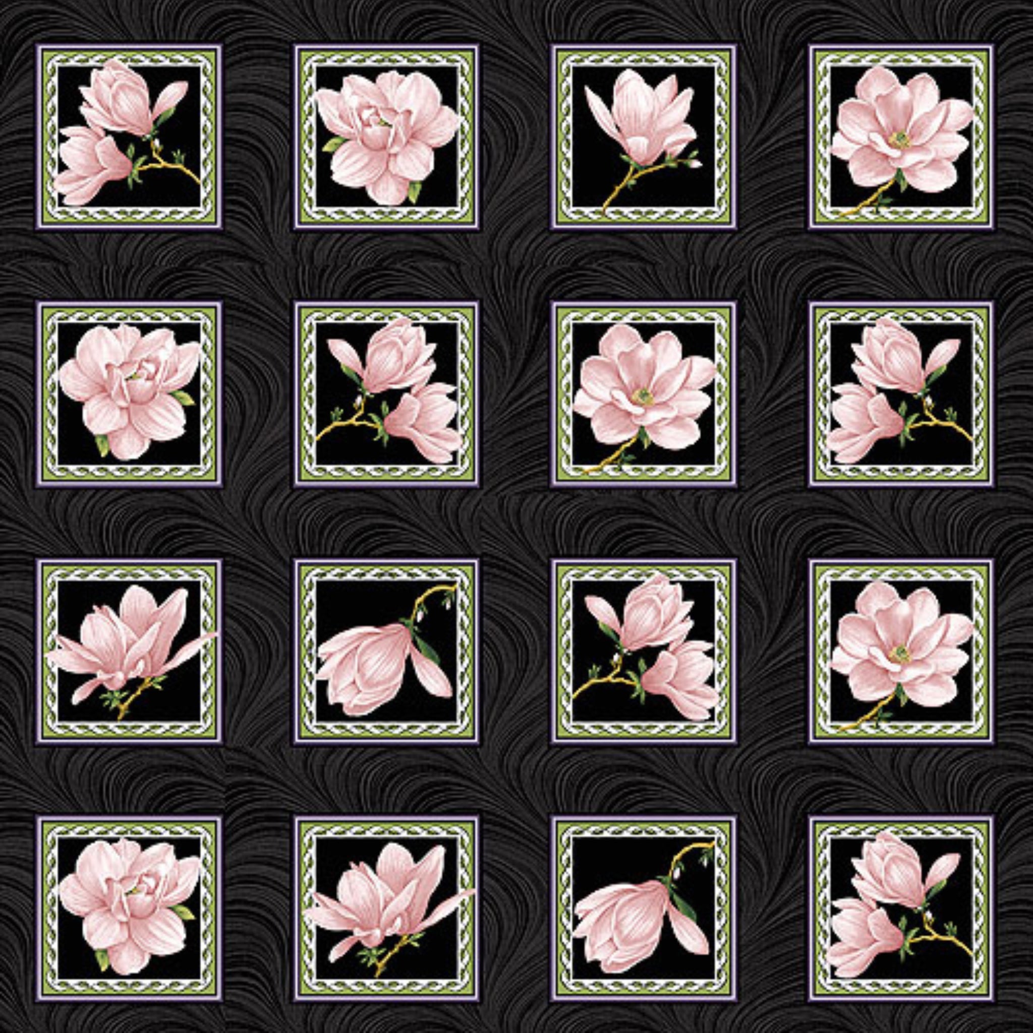 Closeup of a quilting panel with 24 blocks of blush pink magnolias framed on a black background