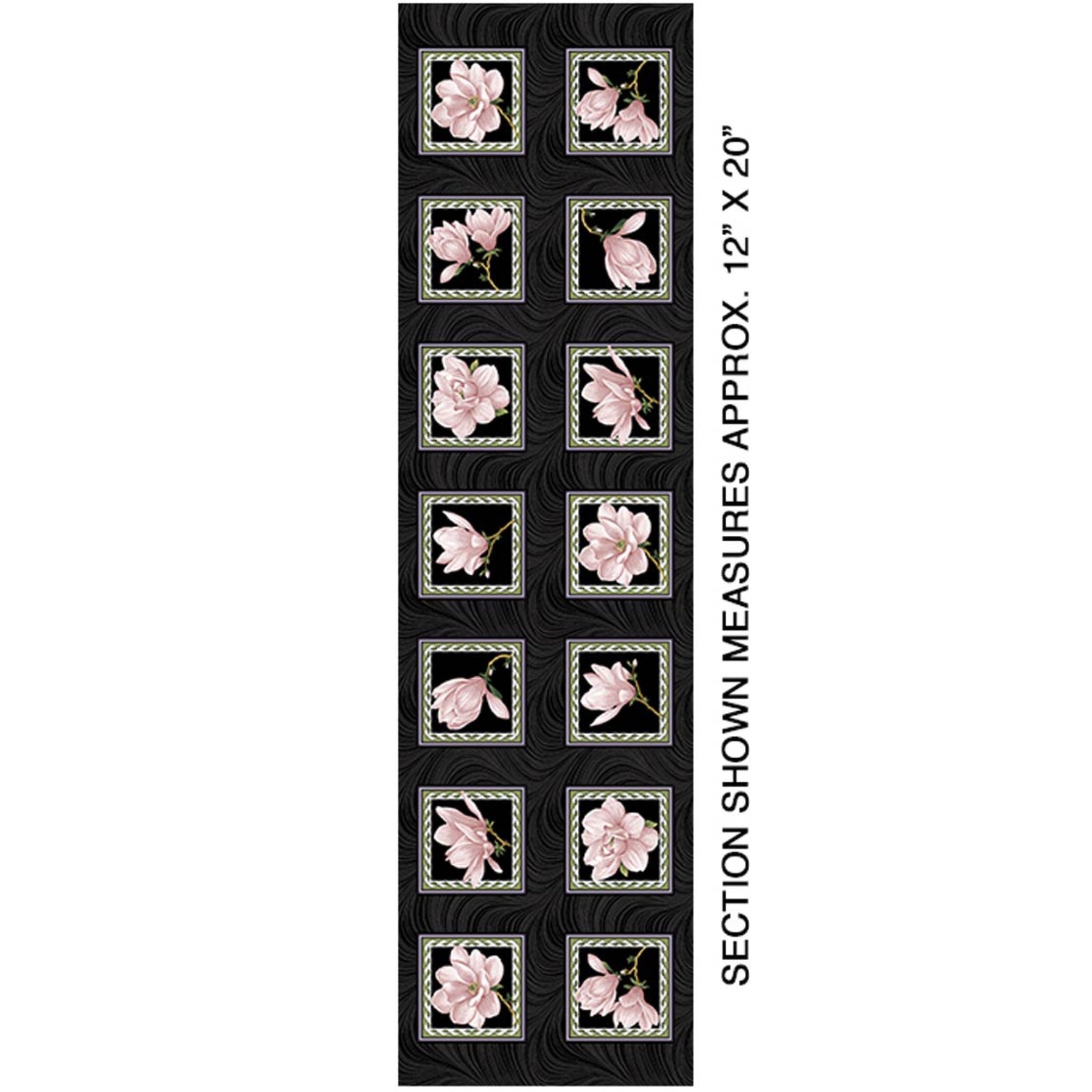 Measurements of a quilting panel with blush pink magnolias framed on a black background