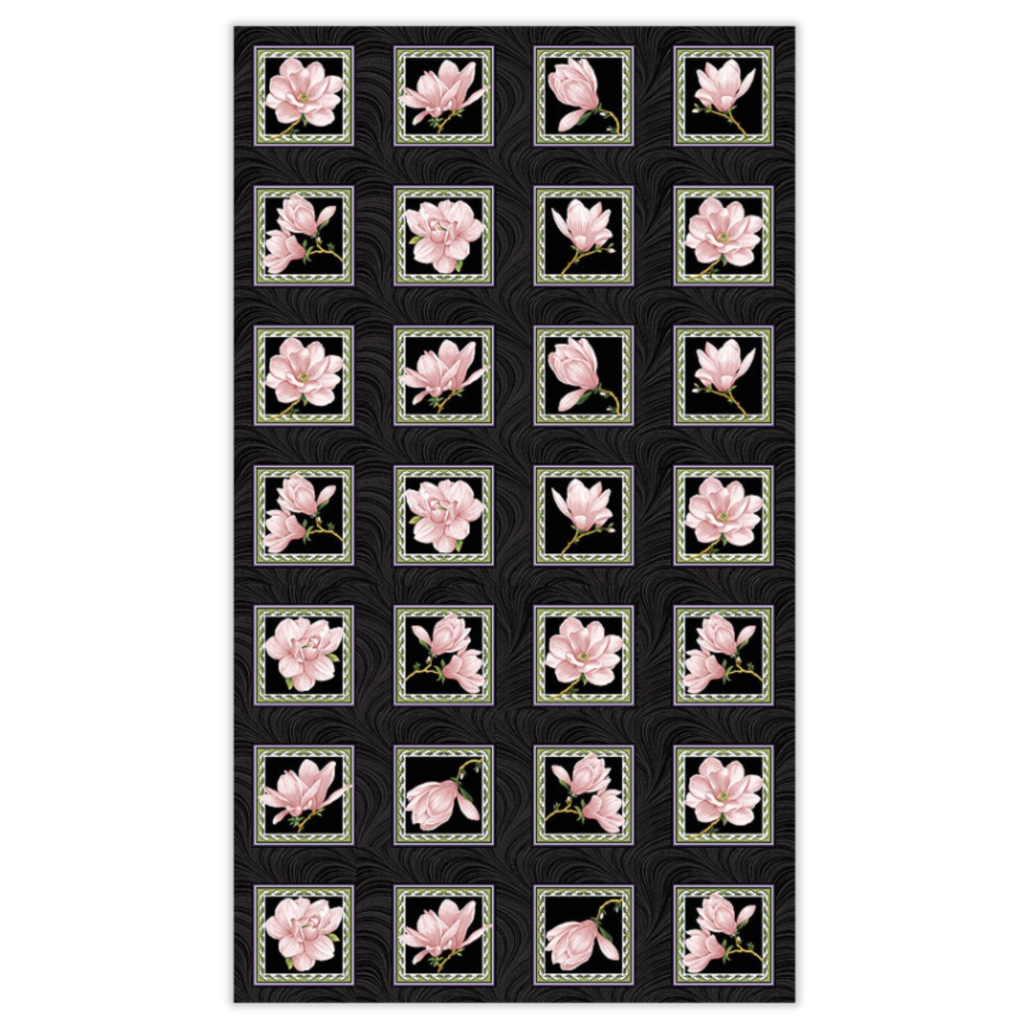 Quilting panel with 24 blocks of blush pink magnolias framed on a black background