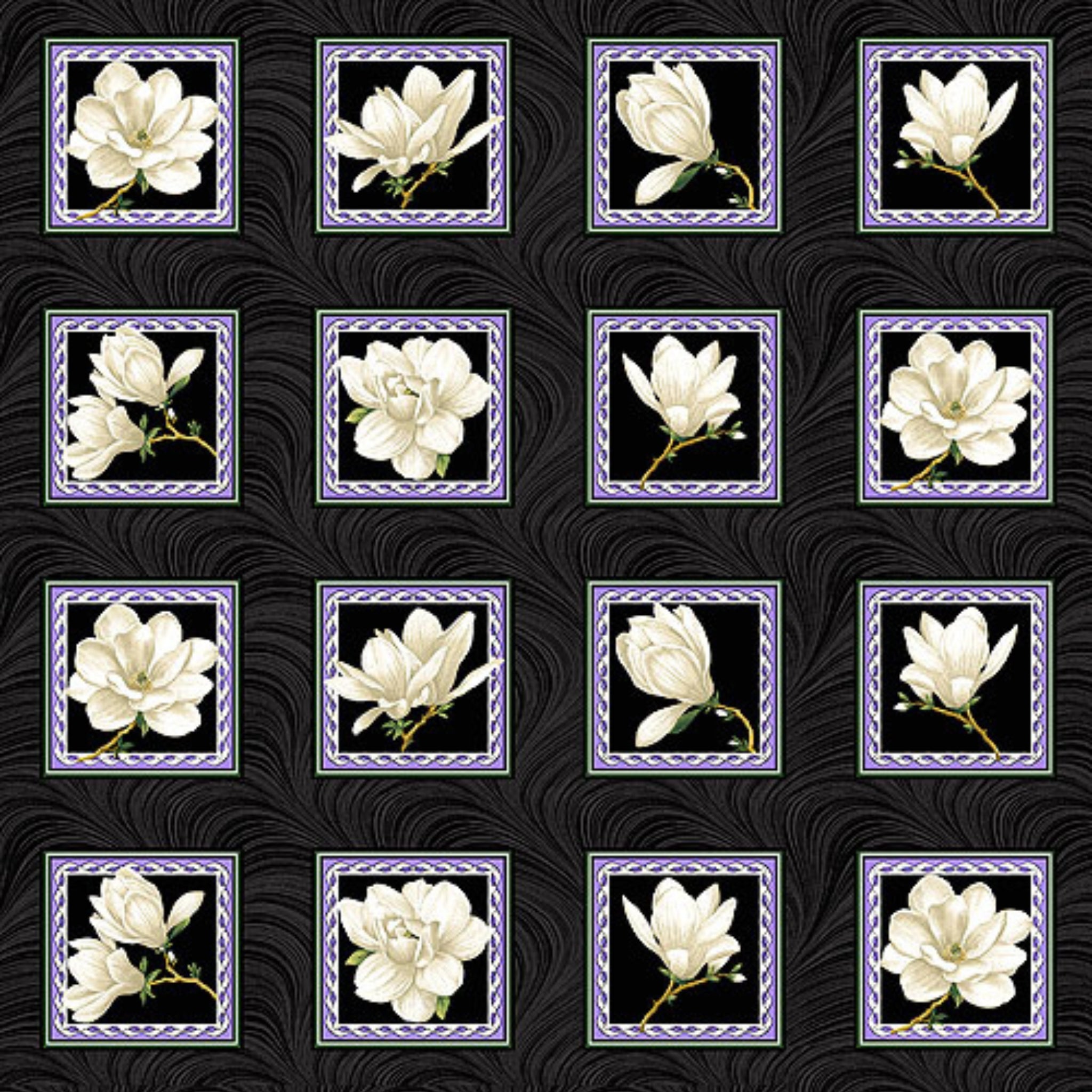 Quilting panel with 24 blocks of cream magnolia flowers framed on a black background