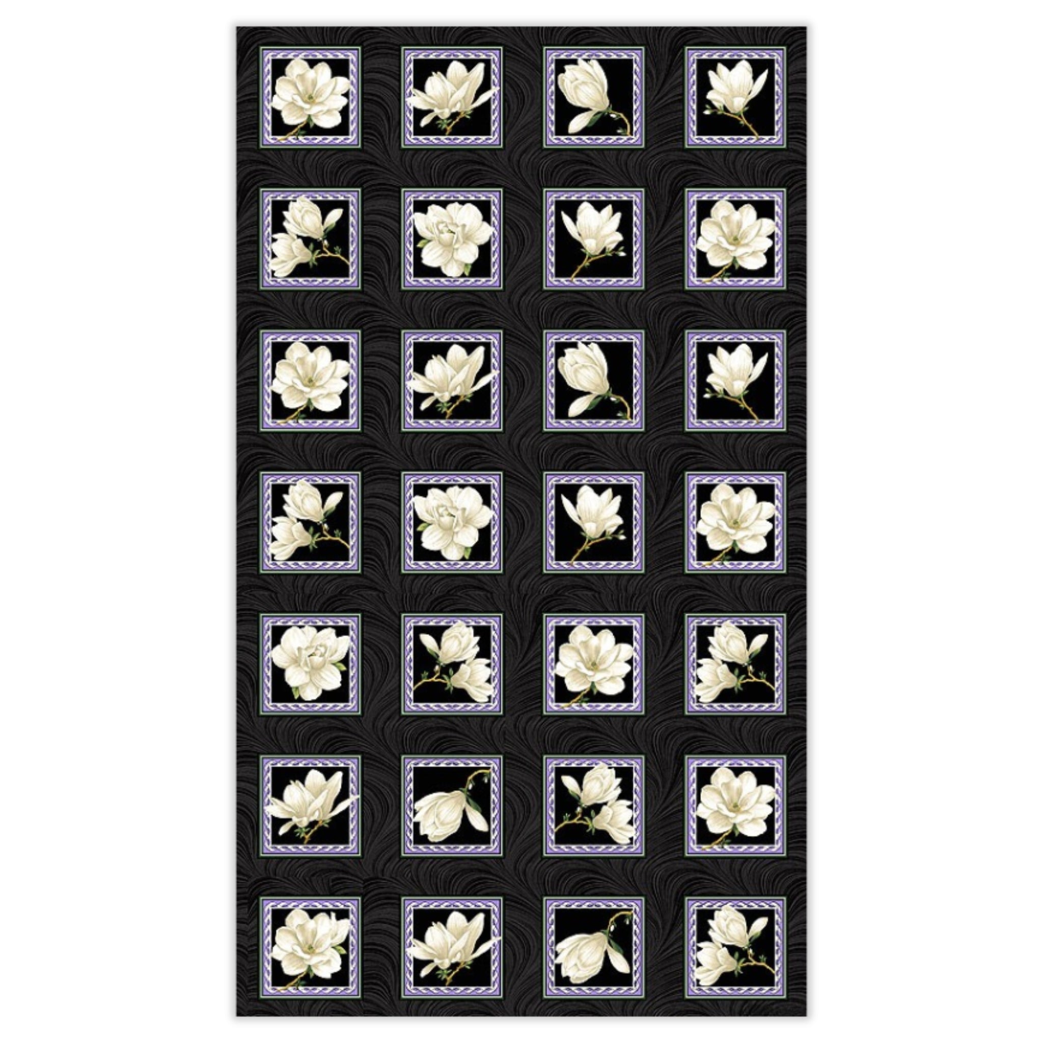 Quilting panel with 24 blocks of cream magnolia flowers framed on a black background
