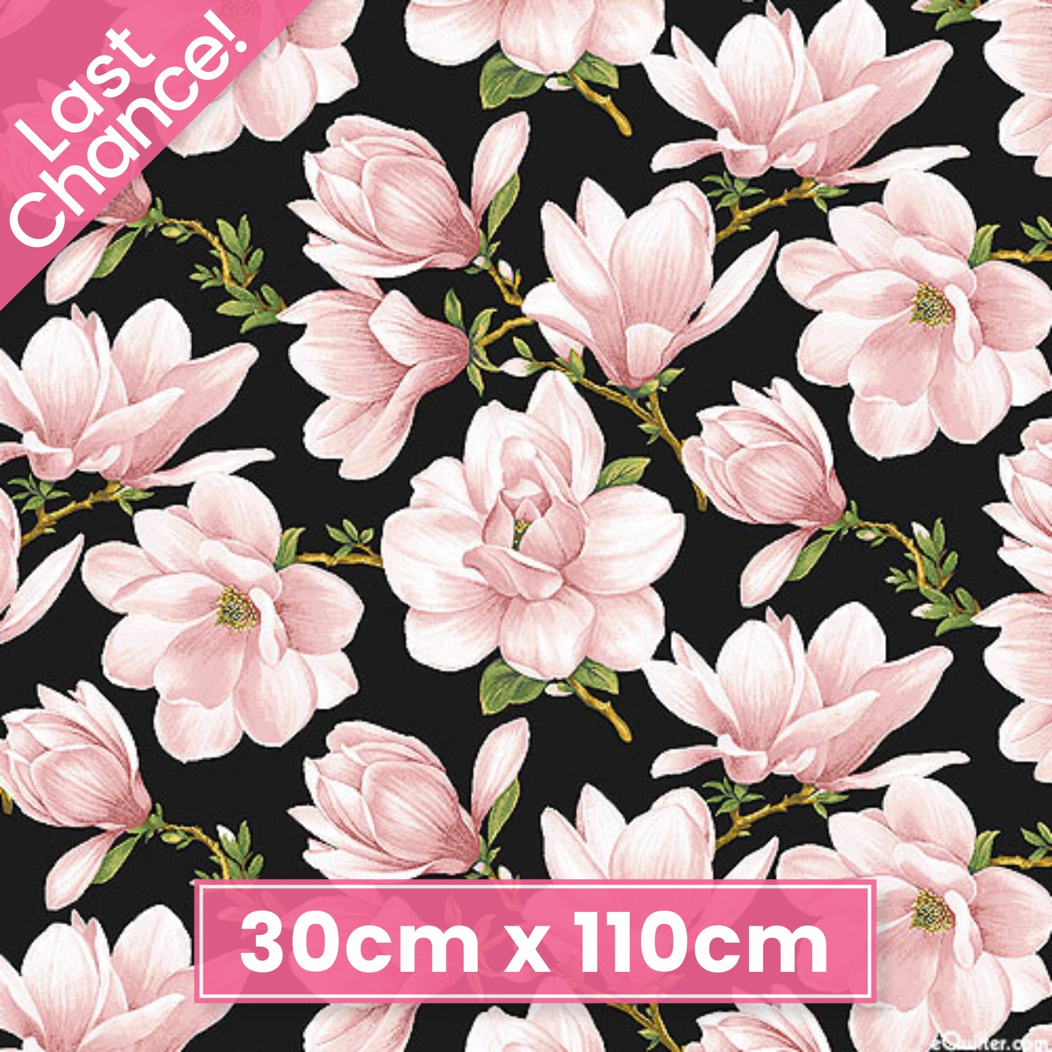 High-contrast fabric featuring large blush pink magnolia blossoms repeating on a black background