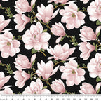 Pink magnolia blossoms repeating on a black background for quilting sewing projects