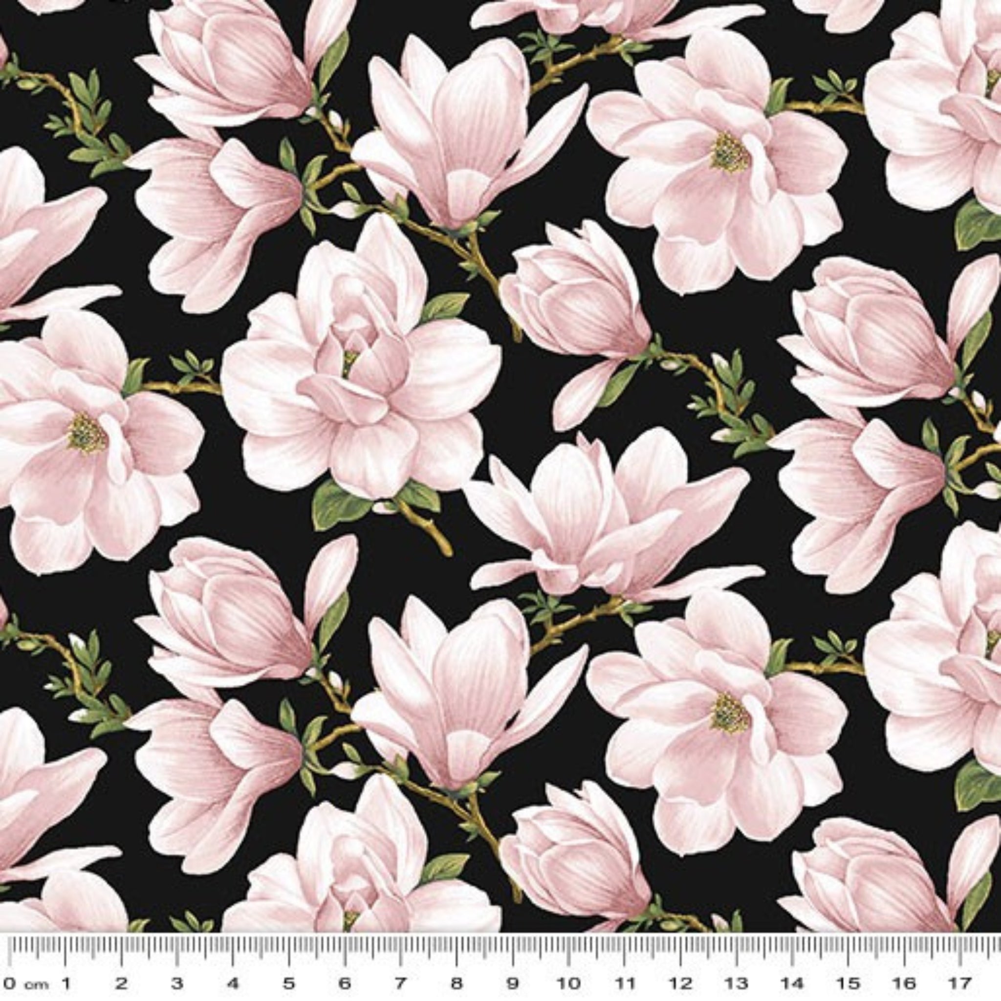 Pink magnolia blossoms repeating on a black background for quilting sewing projects