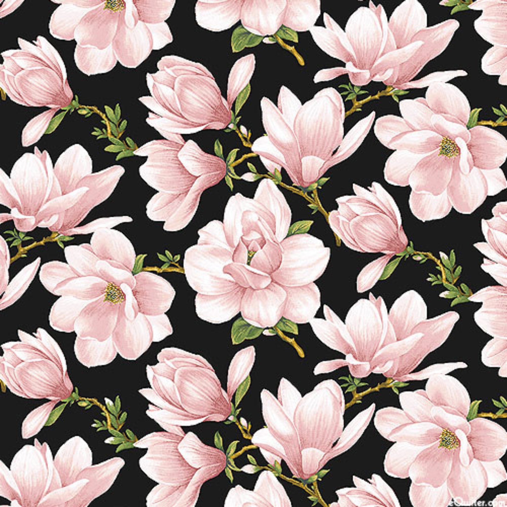 Blush pink magnolia blossoms repeating on a black cotton fabric background for quilting sewing projects