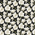 High-contrast fabric featuring large cream/white magnolia blossoms repeating on a black background