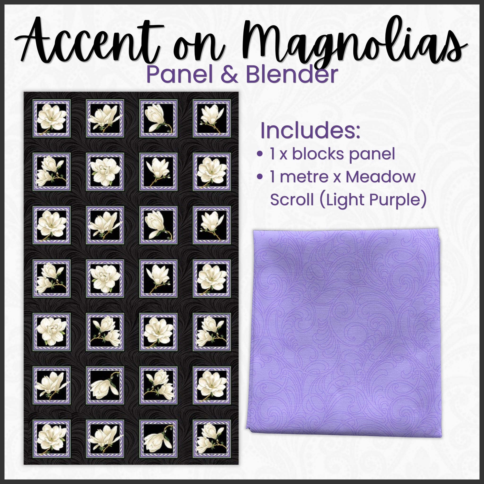 Accent on Magnolias cream magnolia blocks panel black lilac scroll blender quilting bundle for feature quilts wall hangings patchwork projects