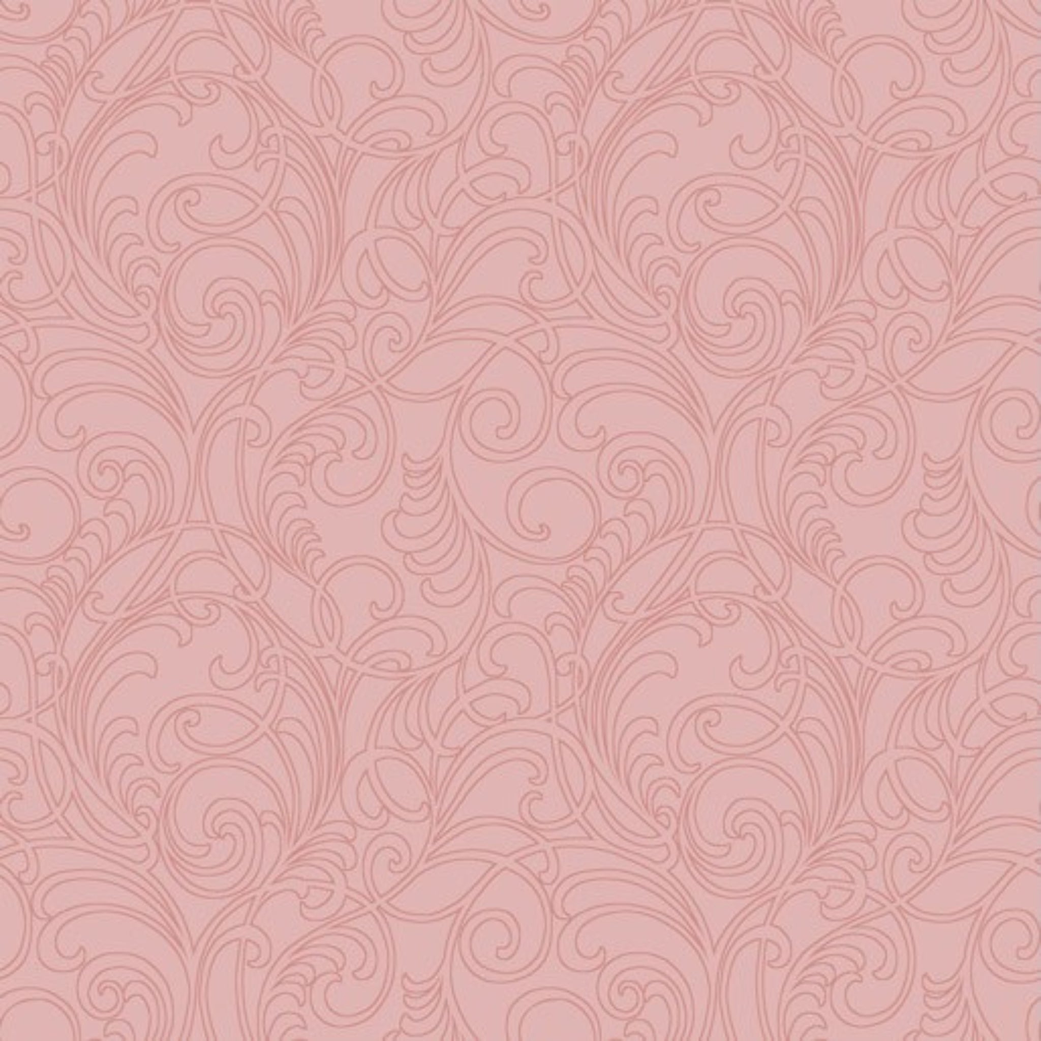 Tonal blender fabric in light coral pink with an elegant, detailed scrollwork design