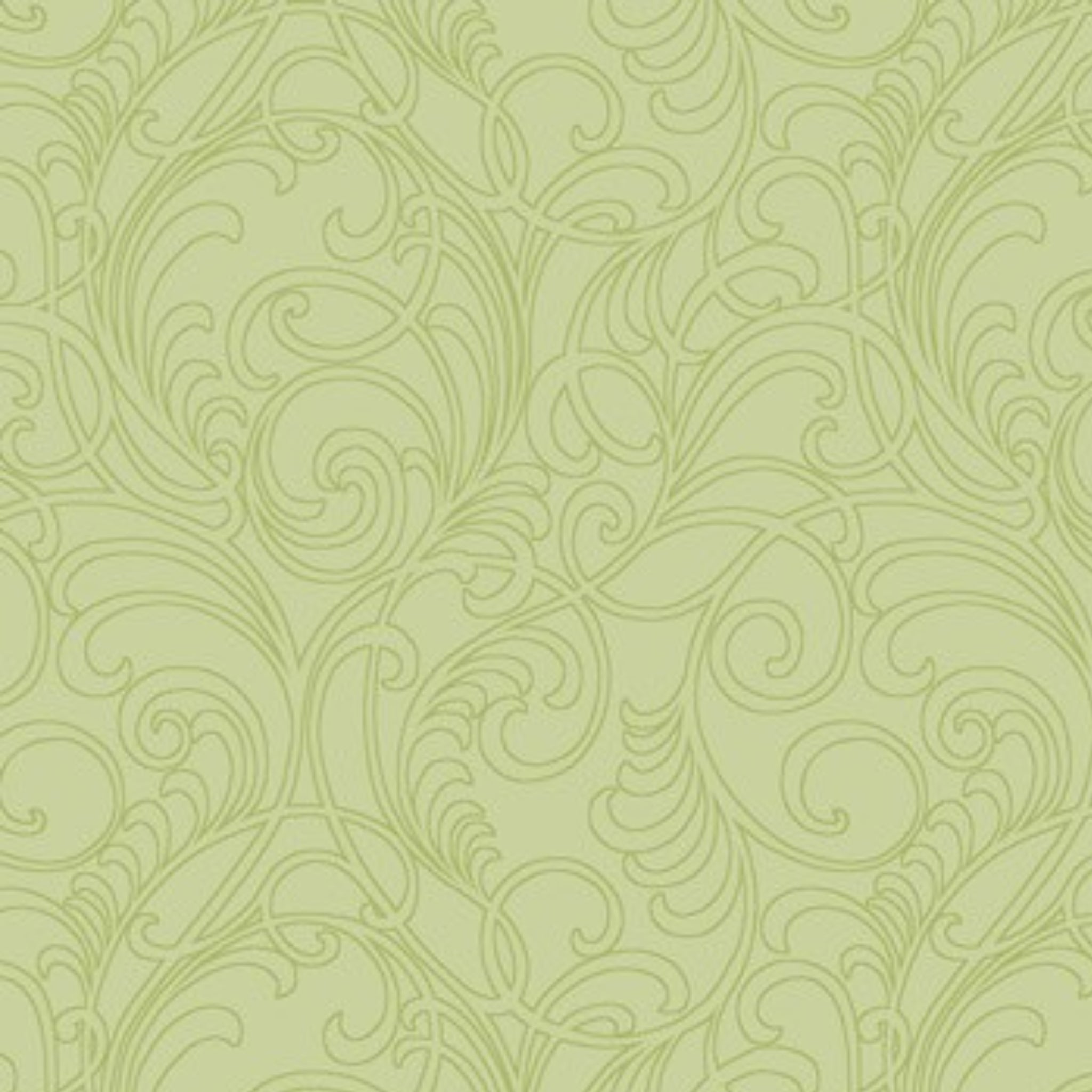 Tonal blender fabric in light lime green with an elegant, detailed scrollwork design