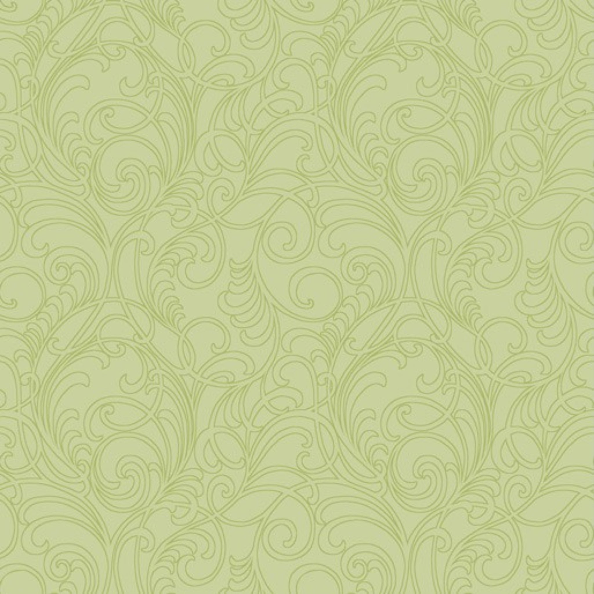 Tonal blender fabric in light lime green with an elegant, detailed scrollwork design