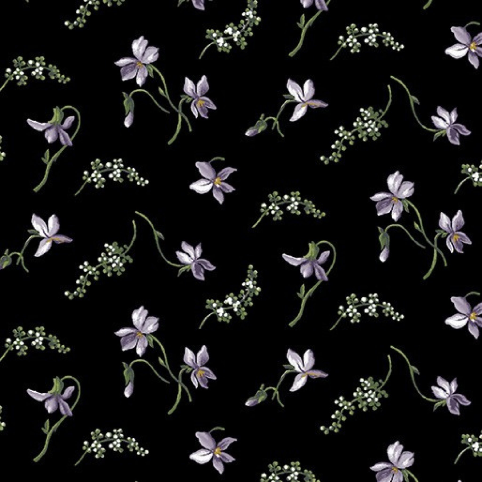 Quilting fabric with small, scattered purple magnolia blossoms on a black background