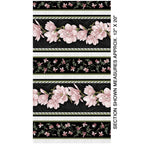 Quilting fabric border stripe: pink magnolias and small florals on black and white striped bands