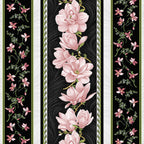 Quilting fabric border stripe: pink magnolias and small florals on black and white striped bands