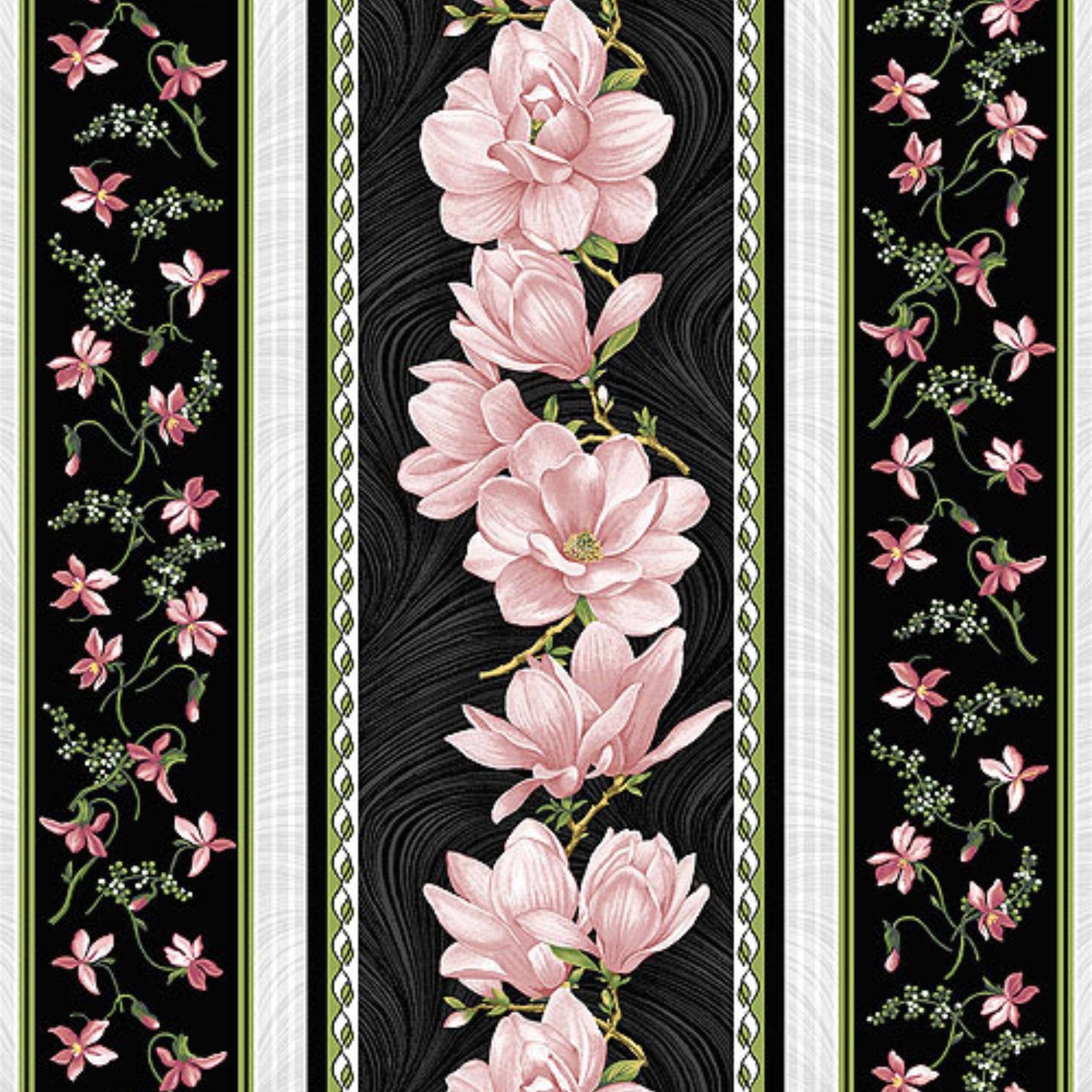 Quilting fabric border stripe: pink magnolias and small florals on black and white striped bands