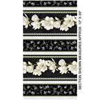 Quilting fabric stripe: cream magnolias and purple florals on black and white striped bands