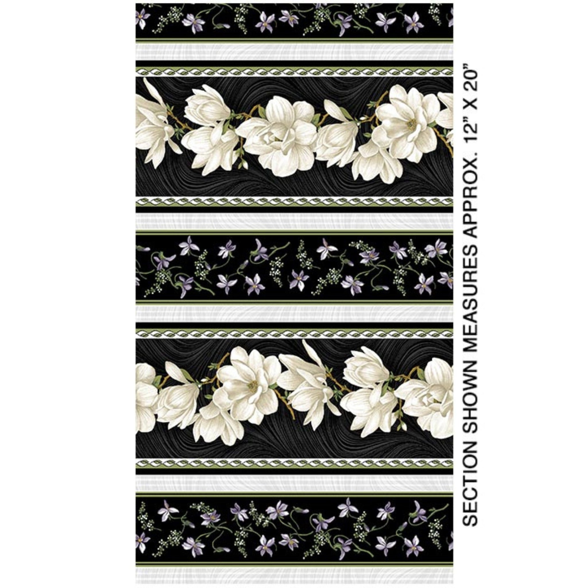 Quilting fabric stripe: cream magnolias and purple florals on black and white striped bands