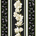 Quilting fabric border stripe: cream magnolias and purple florals on black and white striped bands