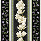 Quilting fabric border stripe: cream magnolias and purple florals on black and white striped bands