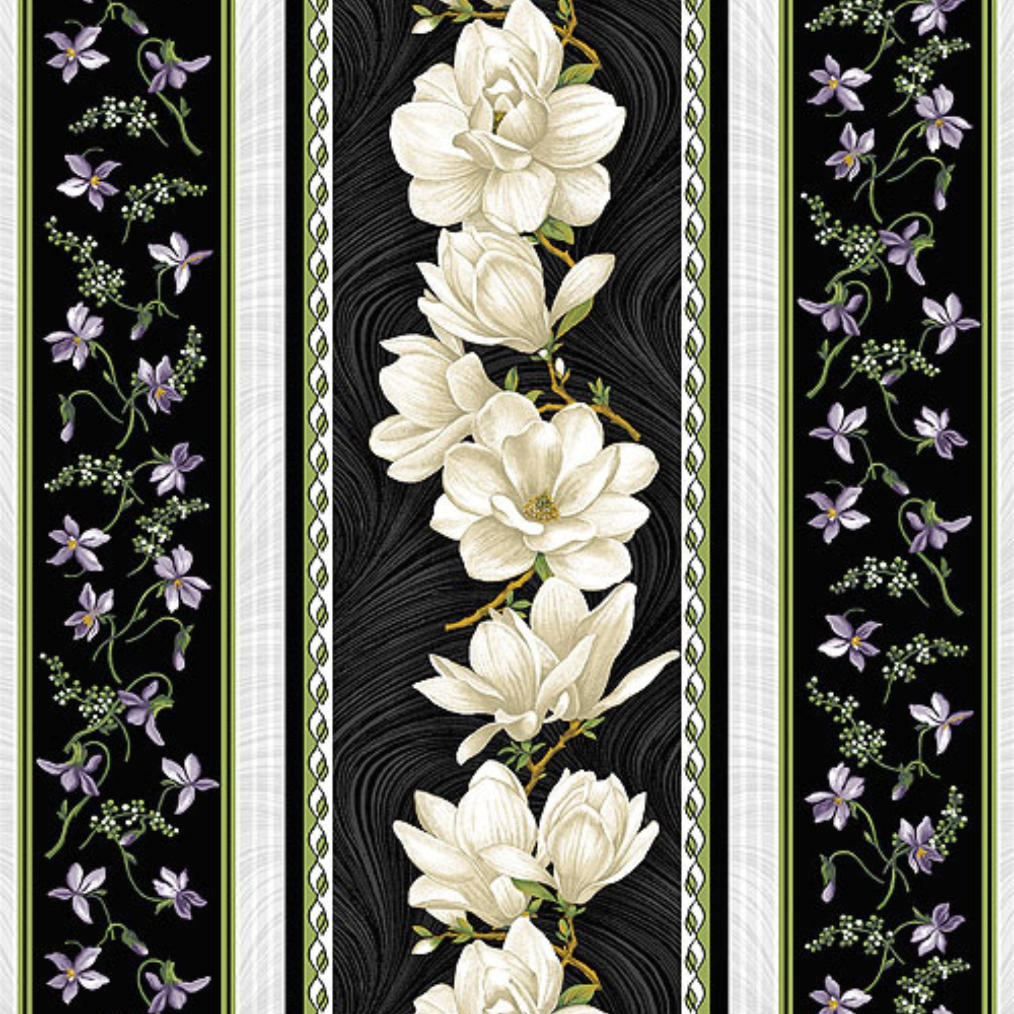 Quilting fabric border stripe: cream magnolias and purple florals on black and white striped bands