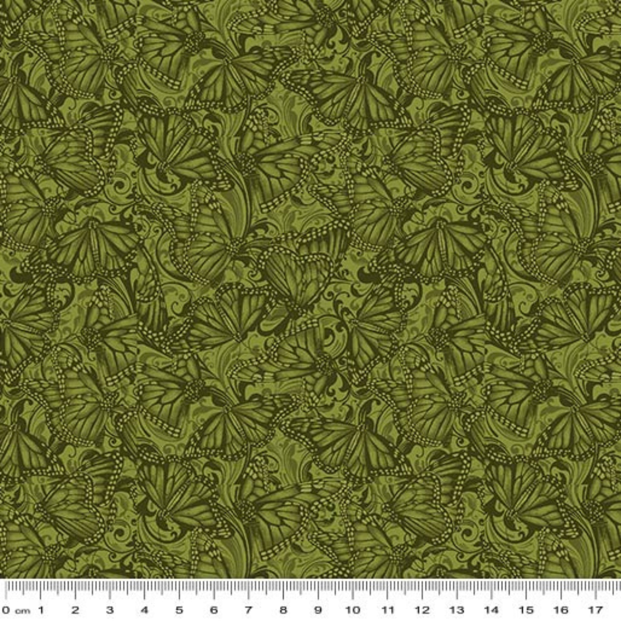 Tonal quilting fabric with detailed Monarch butterflies and scrollwork pattern in forest green