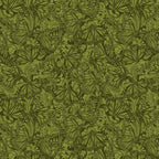 Tonal quilting fabric with detailed Monarch butterflies and scrollwork pattern in forest green