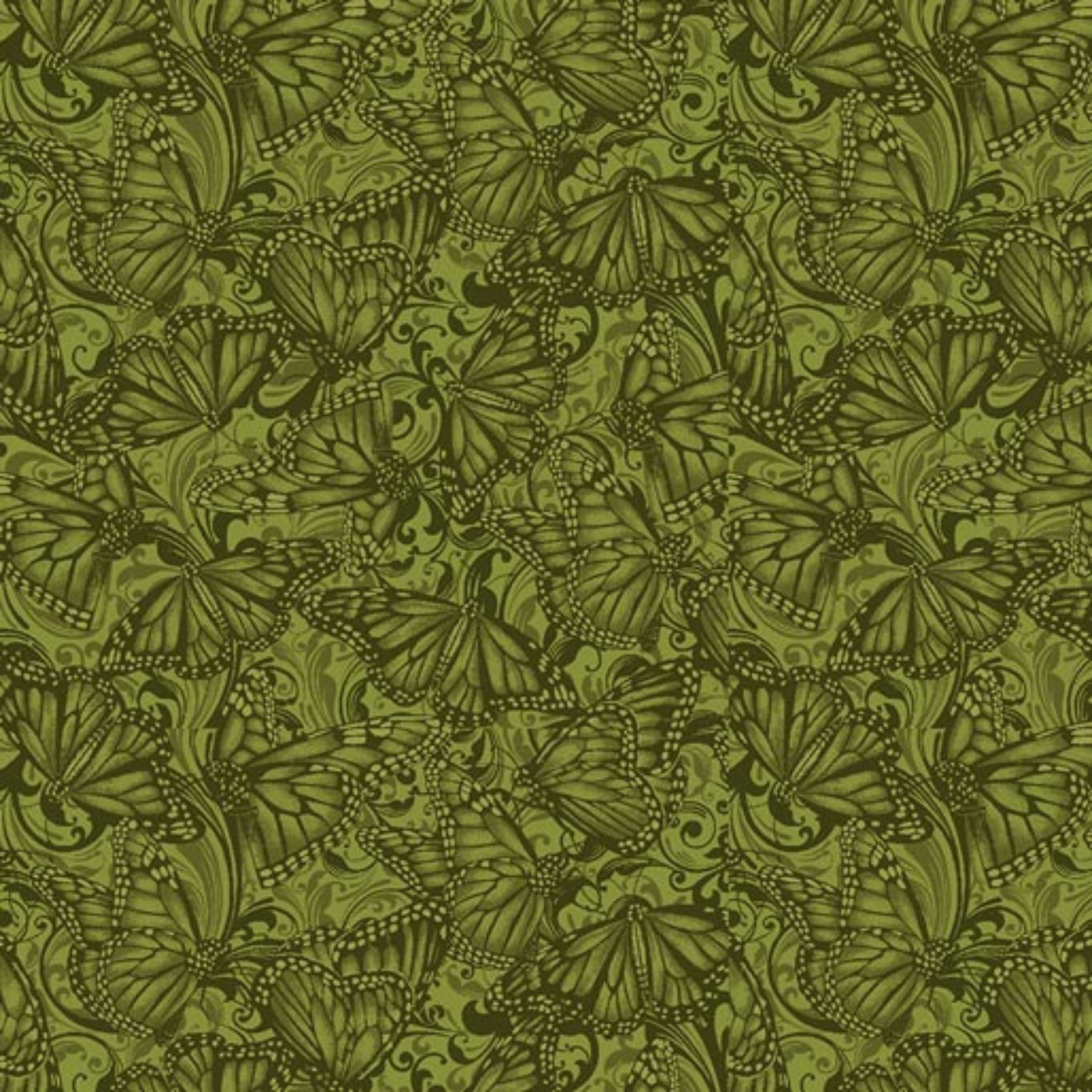 Tonal quilting fabric with detailed Monarch butterflies and scrollwork pattern in forest green