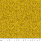 Tonal quilting fabric with detailed Monarch butterflies and scrollwork pattern in golden yellow