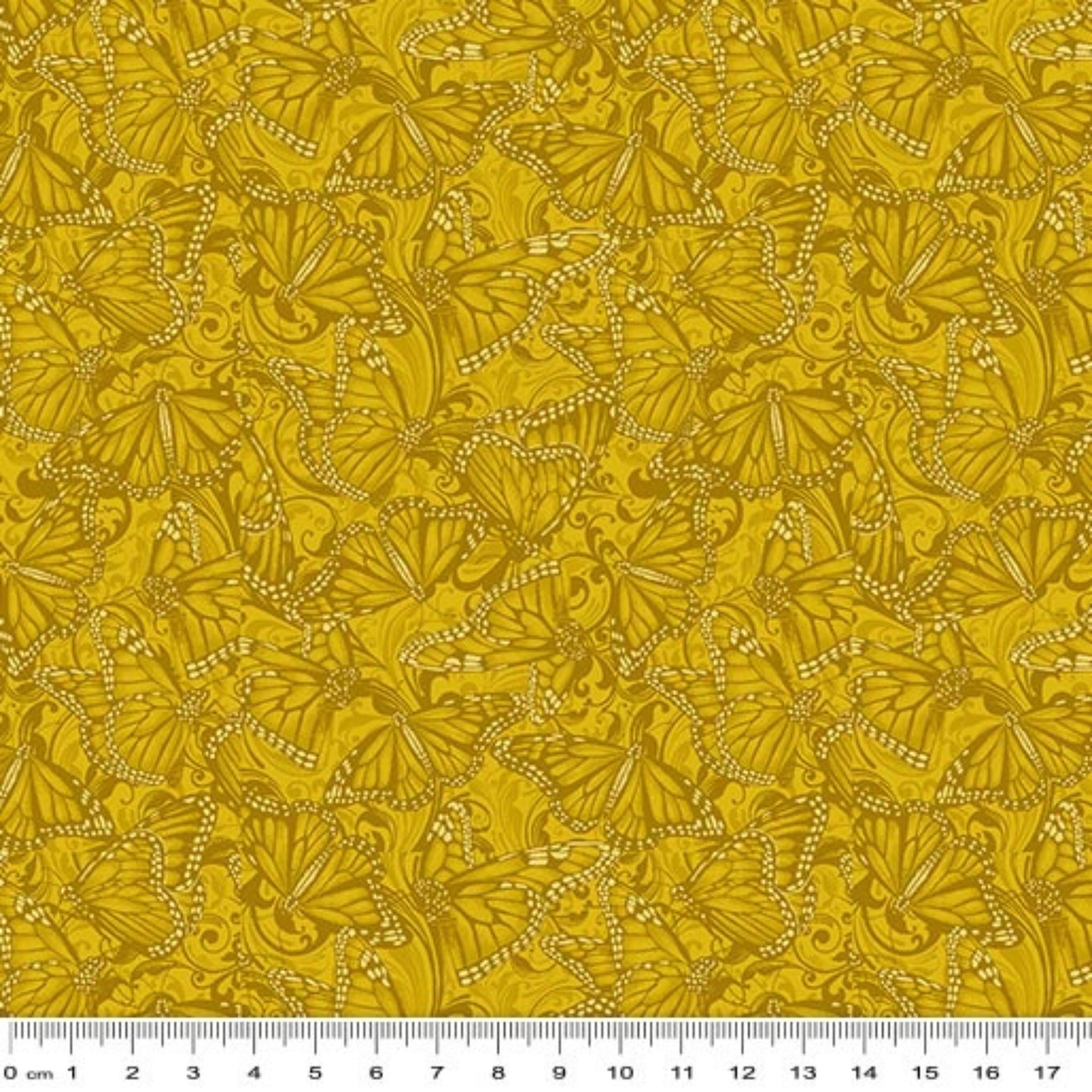 Tonal quilting fabric with detailed Monarch butterflies and scrollwork pattern in golden yellow