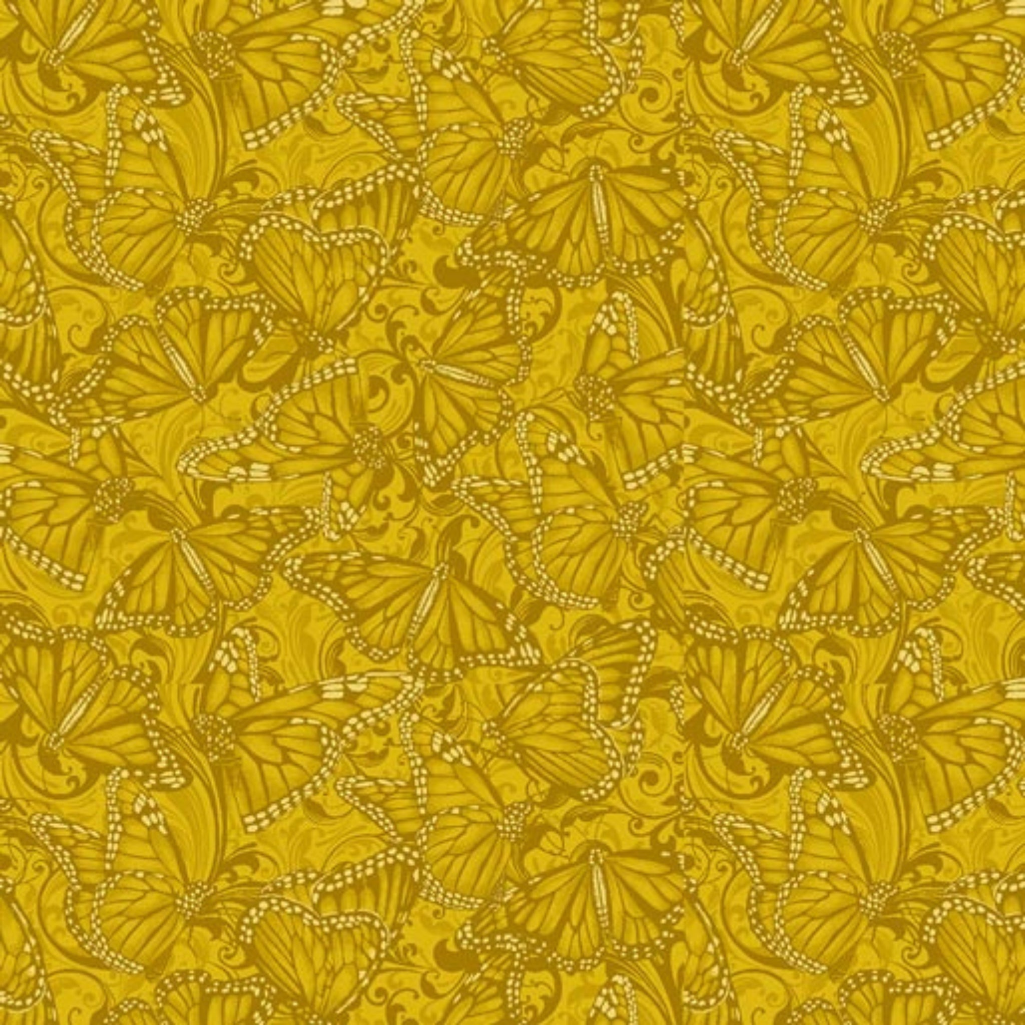 Tonal quilting fabric with detailed Monarch butterflies and scrollwork pattern in golden yellow