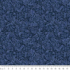 Tonal quilting fabric with detailed Monarch butterflies and scrollwork pattern in deep indigo blue