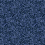 Tonal quilting fabric with detailed Monarch butterflies and scrollwork pattern in deep indigo blue