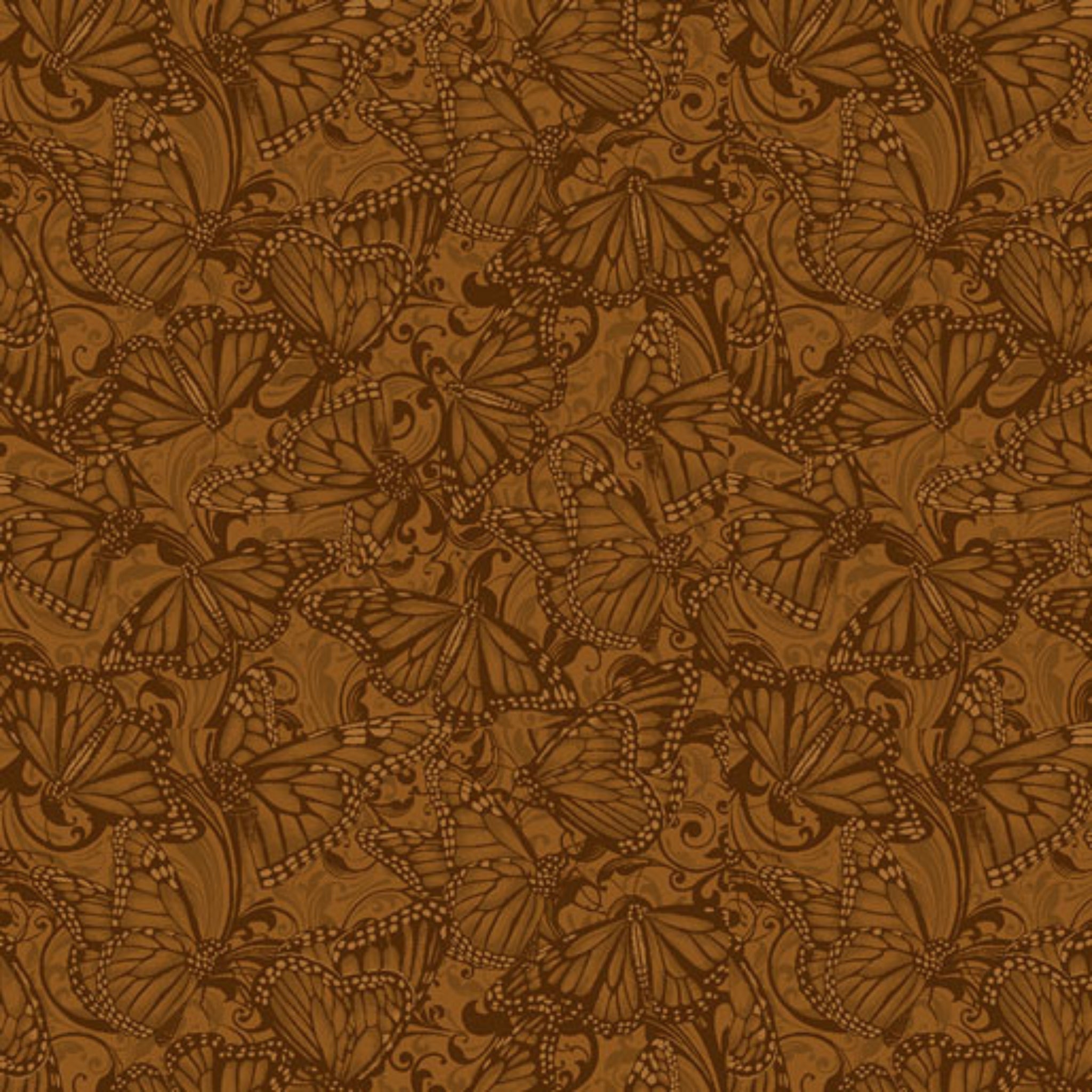 Tonal quilting fabric with detailed Monarch butterflies and scrollwork pattern in cinnamon brown