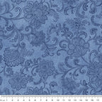 Tonal medium blue quilting fabric with a detailed all-over Jacobean floral paisley pattern