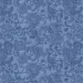 Tonal medium blue quilting fabric with a detailed all-over Jacobean floral paisley pattern