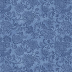 Tonal medium blue quilting fabric with a detailed all-over Jacobean floral paisley pattern
