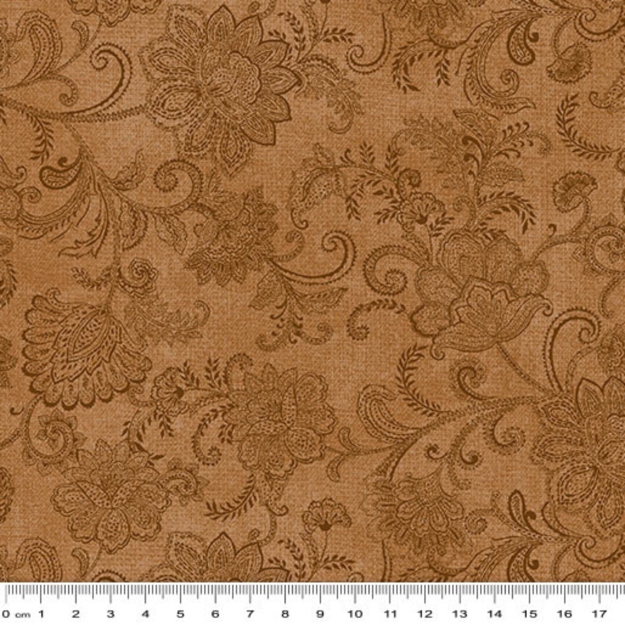 Tonal medium cinnamon brown quilting fabric with a detailed all-over Jacobean floral paisley pattern