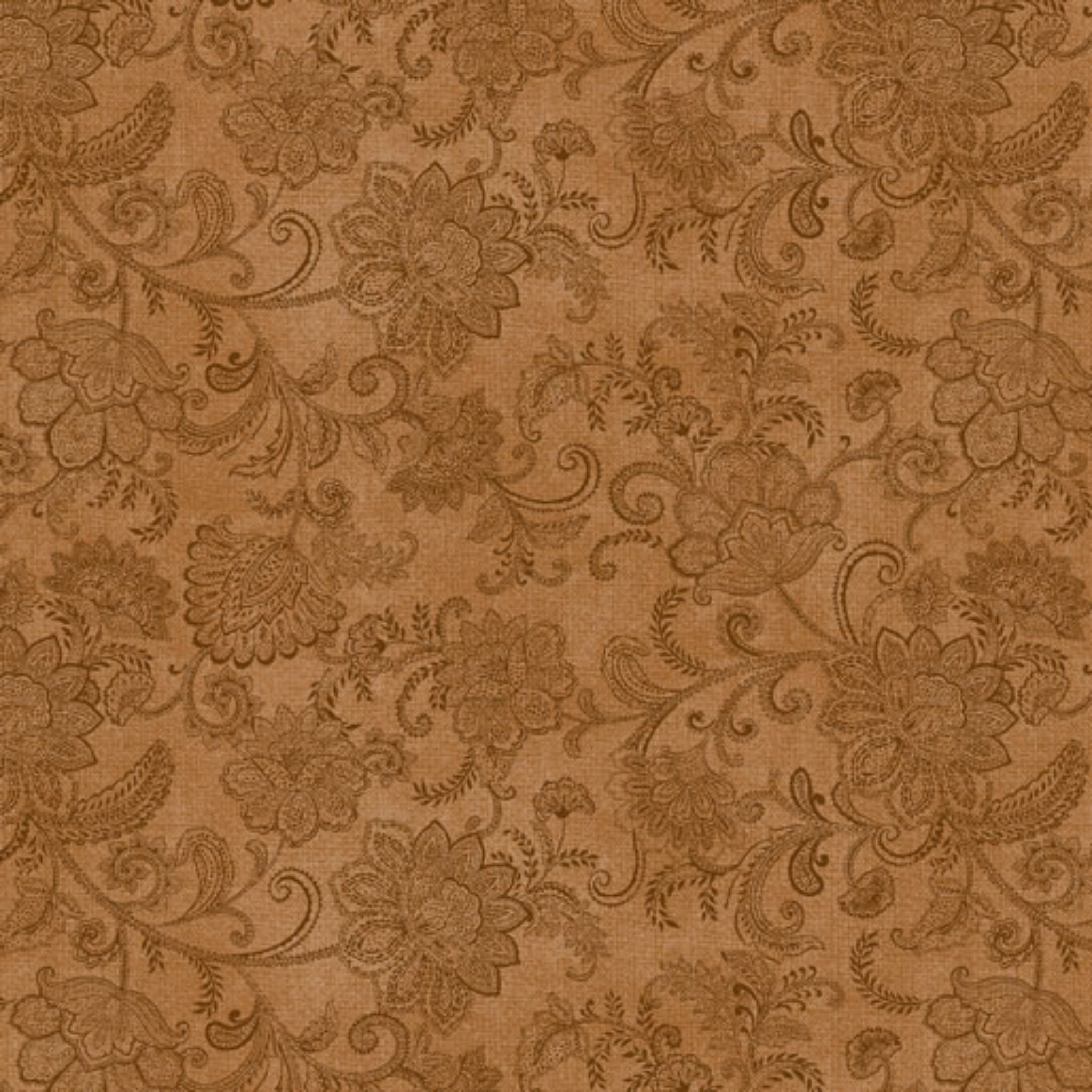 Tonal medium cinnamon brown quilting fabric with a detailed all-over Jacobean floral paisley pattern