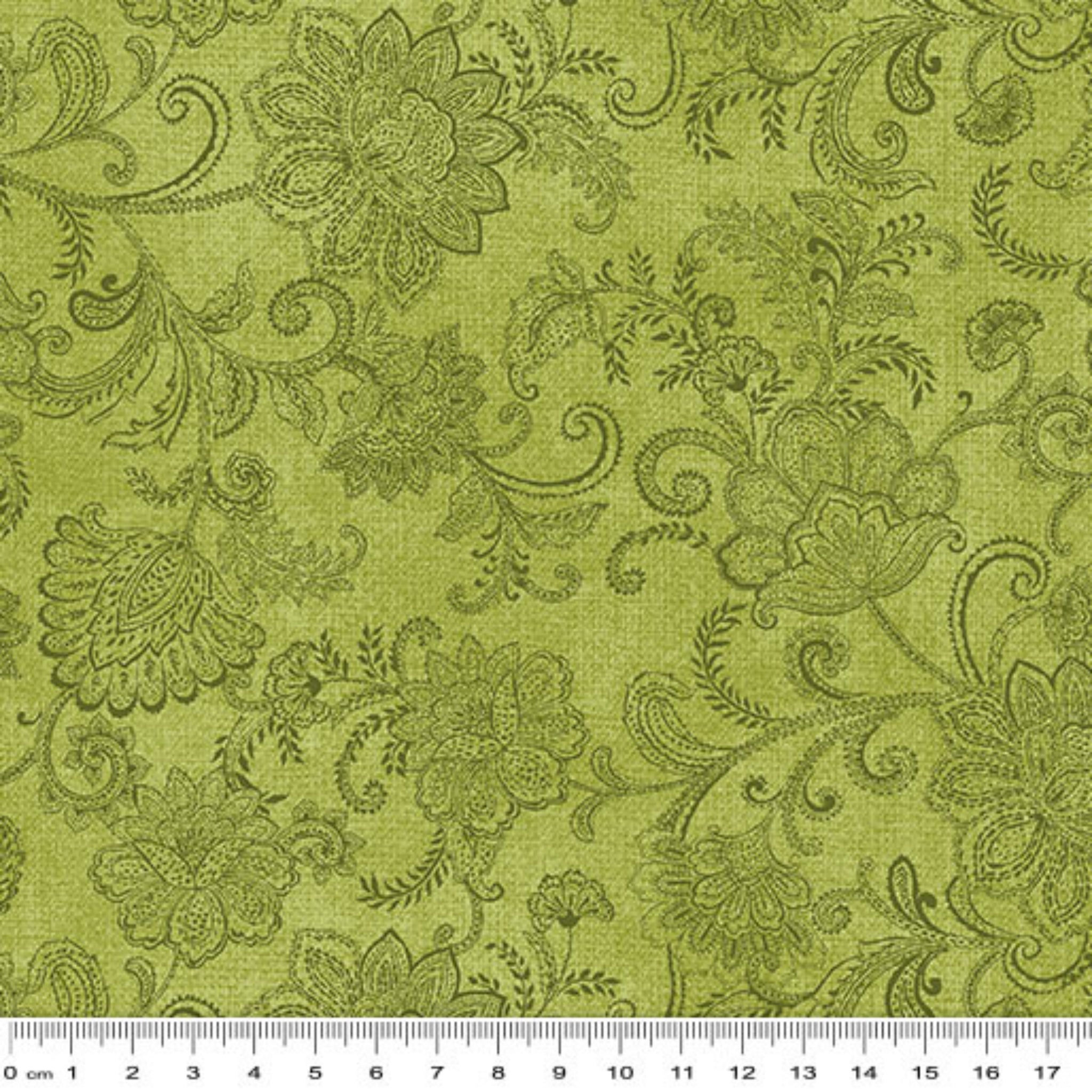 Tonal medium green quilting fabric with a detailed all-over Jacobean floral paisley pattern