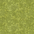Tonal medium green quilting fabric with a detailed all-over Jacobean floral paisley pattern