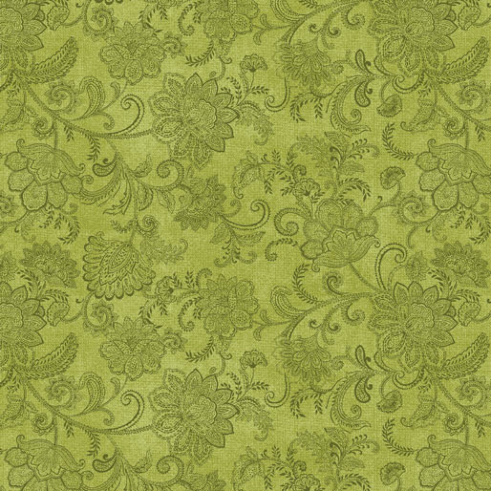 Tonal medium green quilting fabric with a detailed all-over Jacobean floral paisley pattern