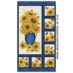 Quilting panel of sunflower bouquet in blue vase, framed by blocks of flowers, birds and butterflies