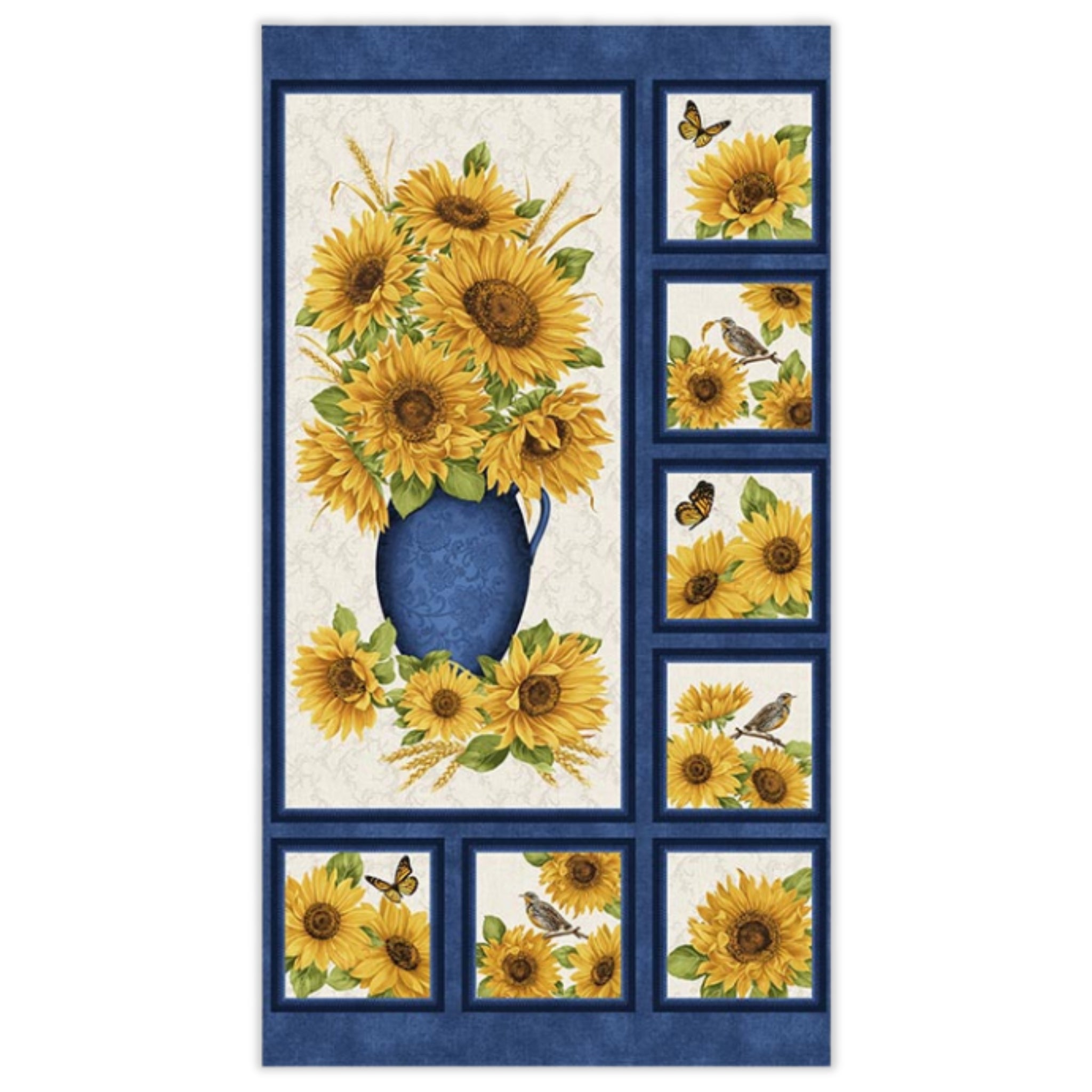 Quilting panel of sunflower bouquet in blue vase, framed by blocks of flowers, birds and butterflies