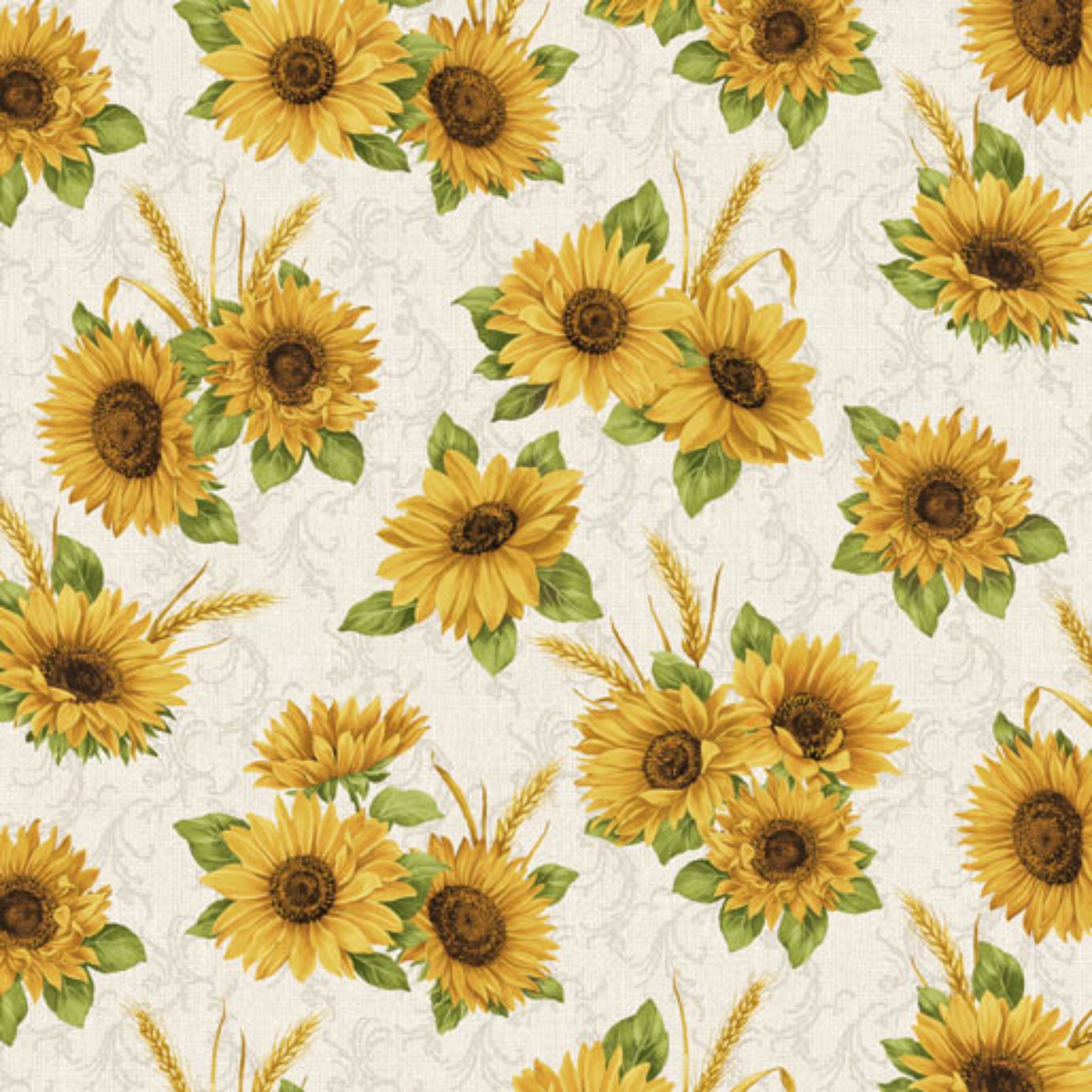 Quilting fabric with bright yellow sunflowers and wheat sheaves on a cream background