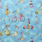Whimsical retro fashion ladies shopping cycling scooters polka dots sky blue novelty fabric for women's quilts tote bags pouches handmade gifts